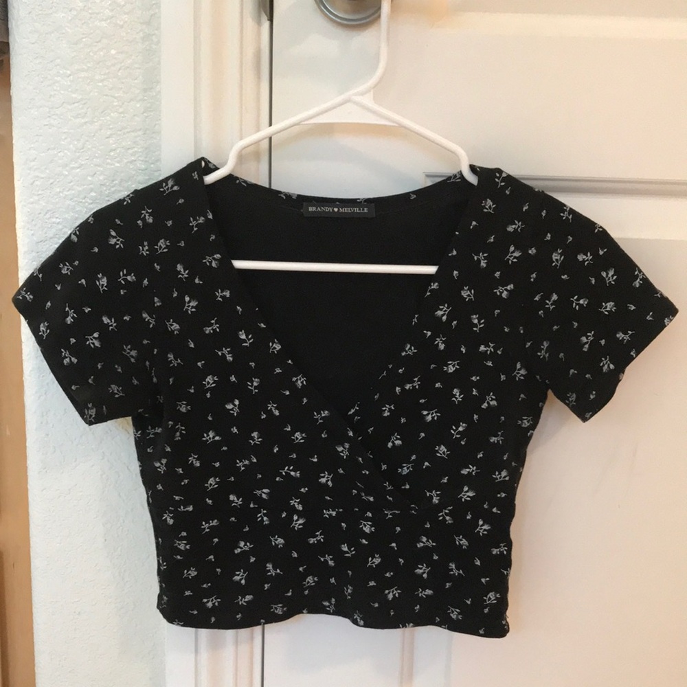 Brandy Melville Black Crop Top with White Floral Print